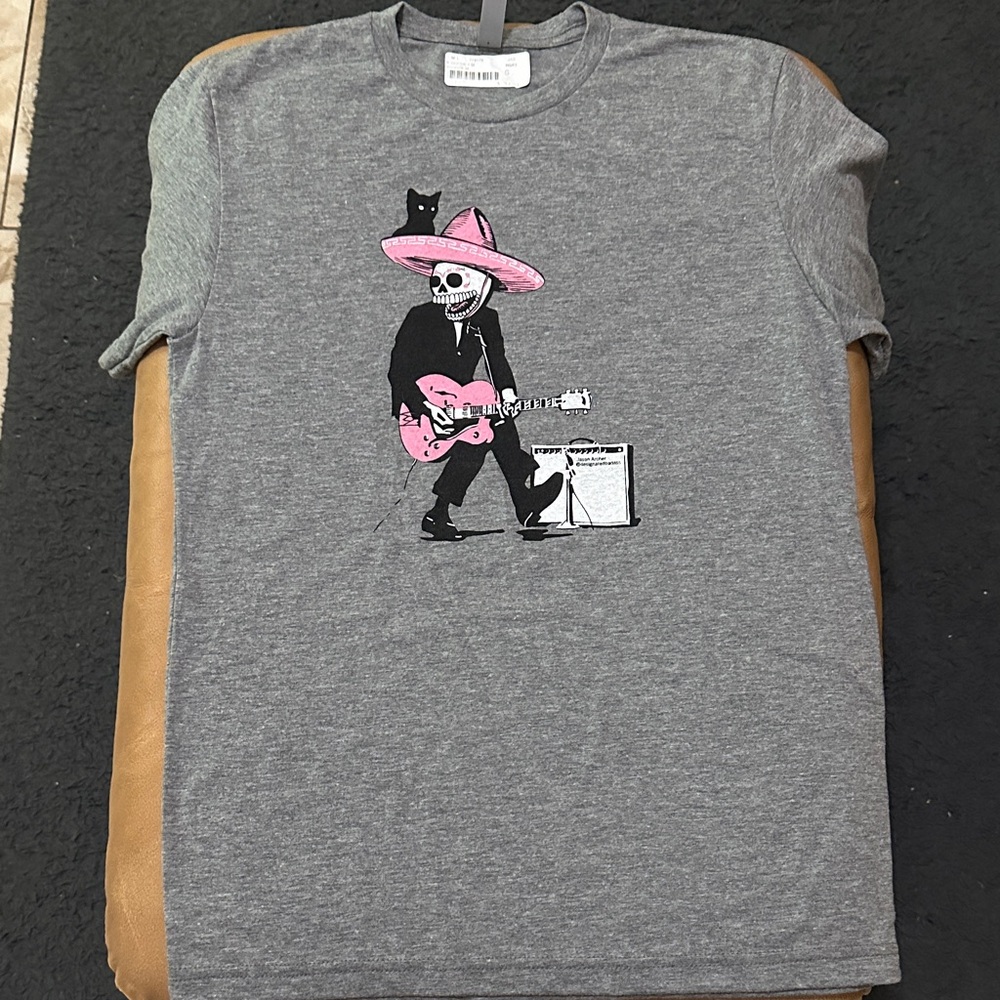 Next Level Apparel Gray Tee with Pink Skeleton Design